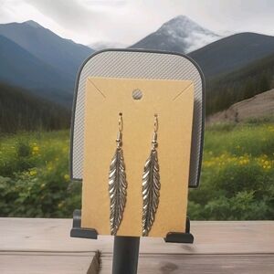 Handmade Silver Long Leaf Dangle Silver Accent Earrings